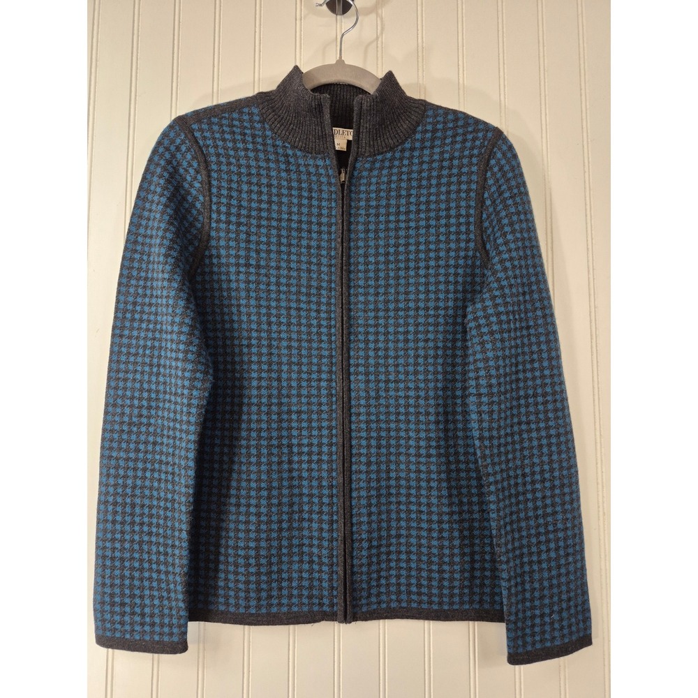 Pendleton Petite Merino Wool Full Zip Houndstooth Sweater Blue Grey Cozy Size M